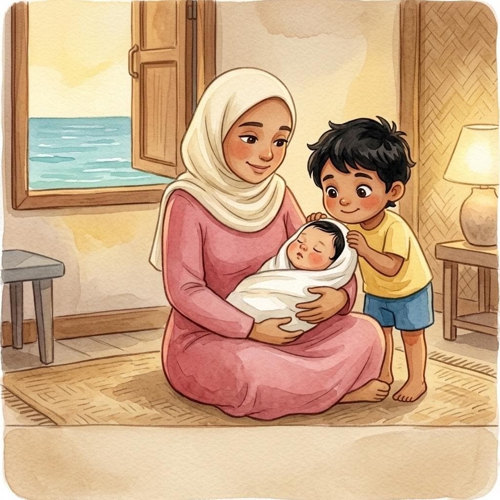 Ahmed, a Maldivian island boy in a yellow t-shirt, leans close to his mother as she cradles his newborn baby brother by an open window over the sea.