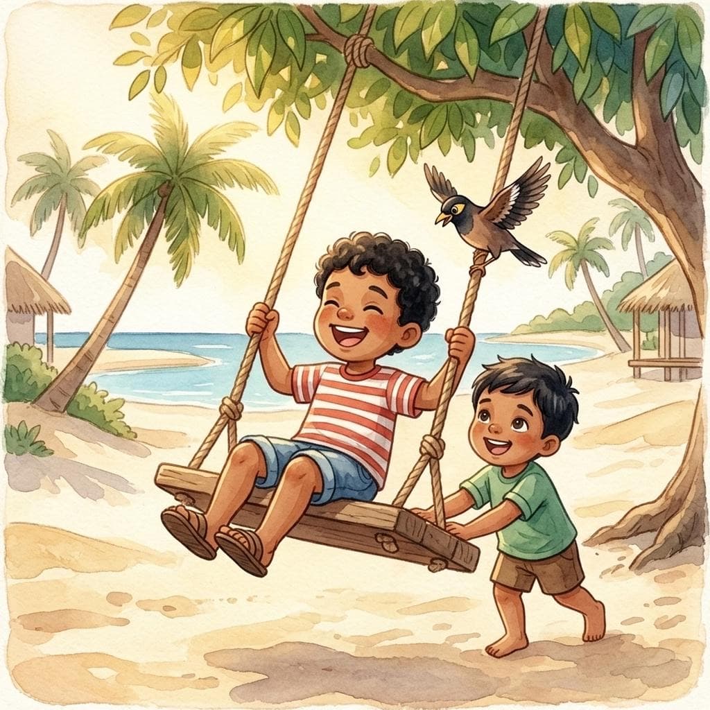 Ali and little Mausoom share a big wooden swing under a leafy tree on a sunny island playground, a cheeky myna bird perched on the rope.