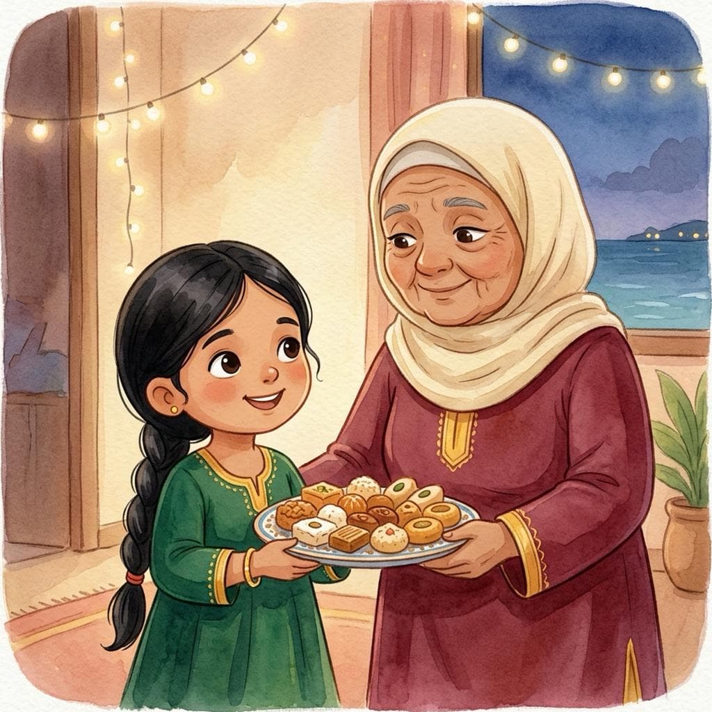 Fathimath, in her green-and-gold Eid dress, holds a plate of Eid sweets together with her grandmother Dhatha in a home glowing with festive lights.