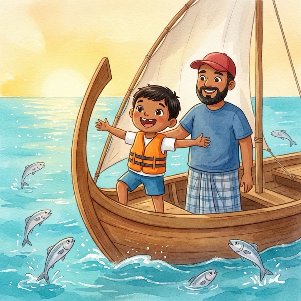 Hamza stands laughing at the prow of a traditional Maldivian dhoni with his father Baba's hand on his shoulder, silver fish leaping from a sparkling turquoise sea.