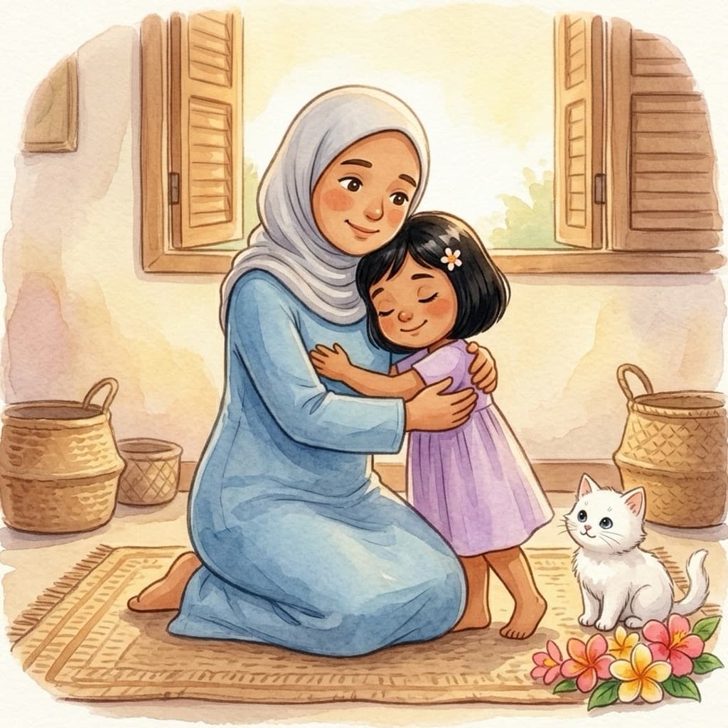 Mama kneels and wraps Hawwa in a warm, forgiving hug in their cosy island home, a fluffy white kitten beside them.