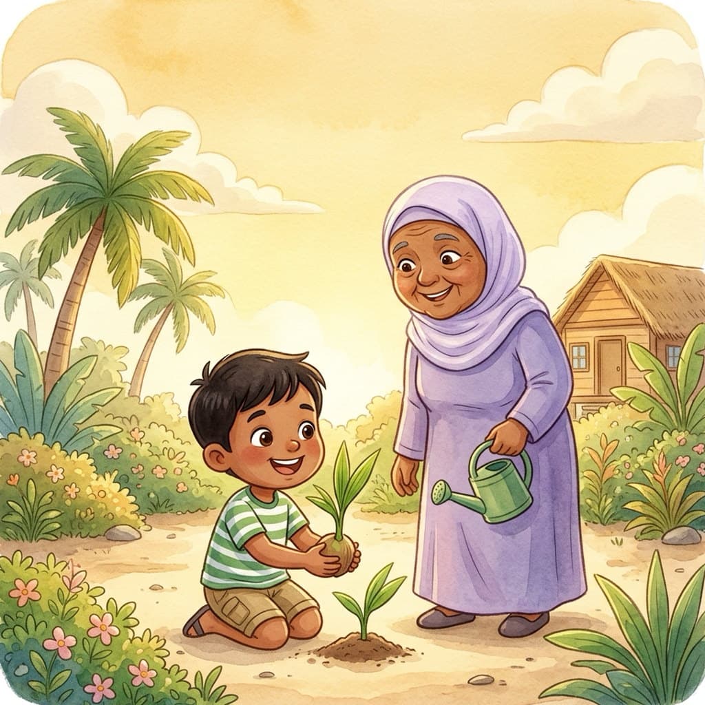 Ibrahim kneels proudly beside a small green coconut shoot in a sunny island garden while his grandmother Dhatha stands behind him with a watering can under a golden sky.