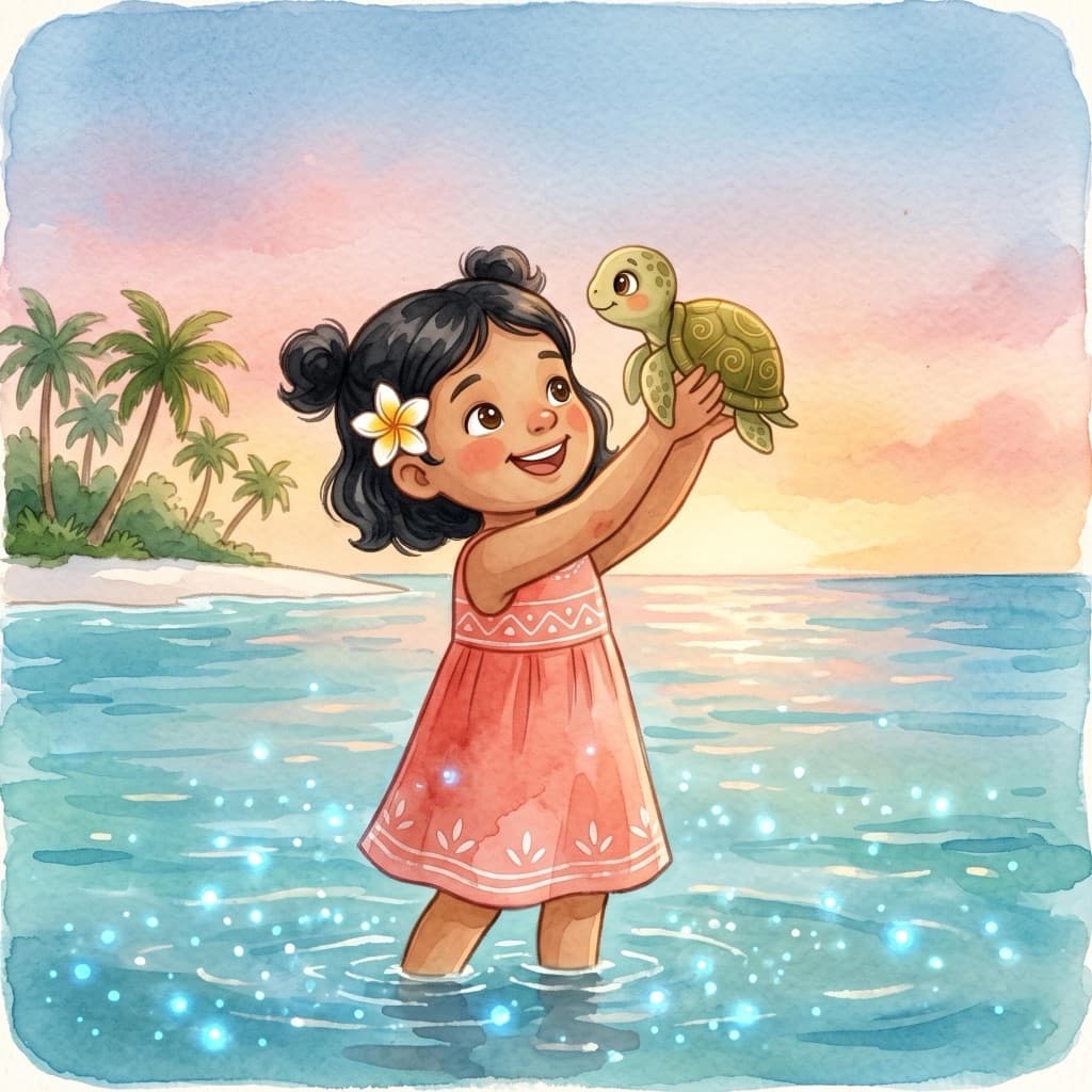Mira, a Maldivian island girl, lifts a tiny baby sea turtle toward a twilight sky over a glowing turquoise lagoon.