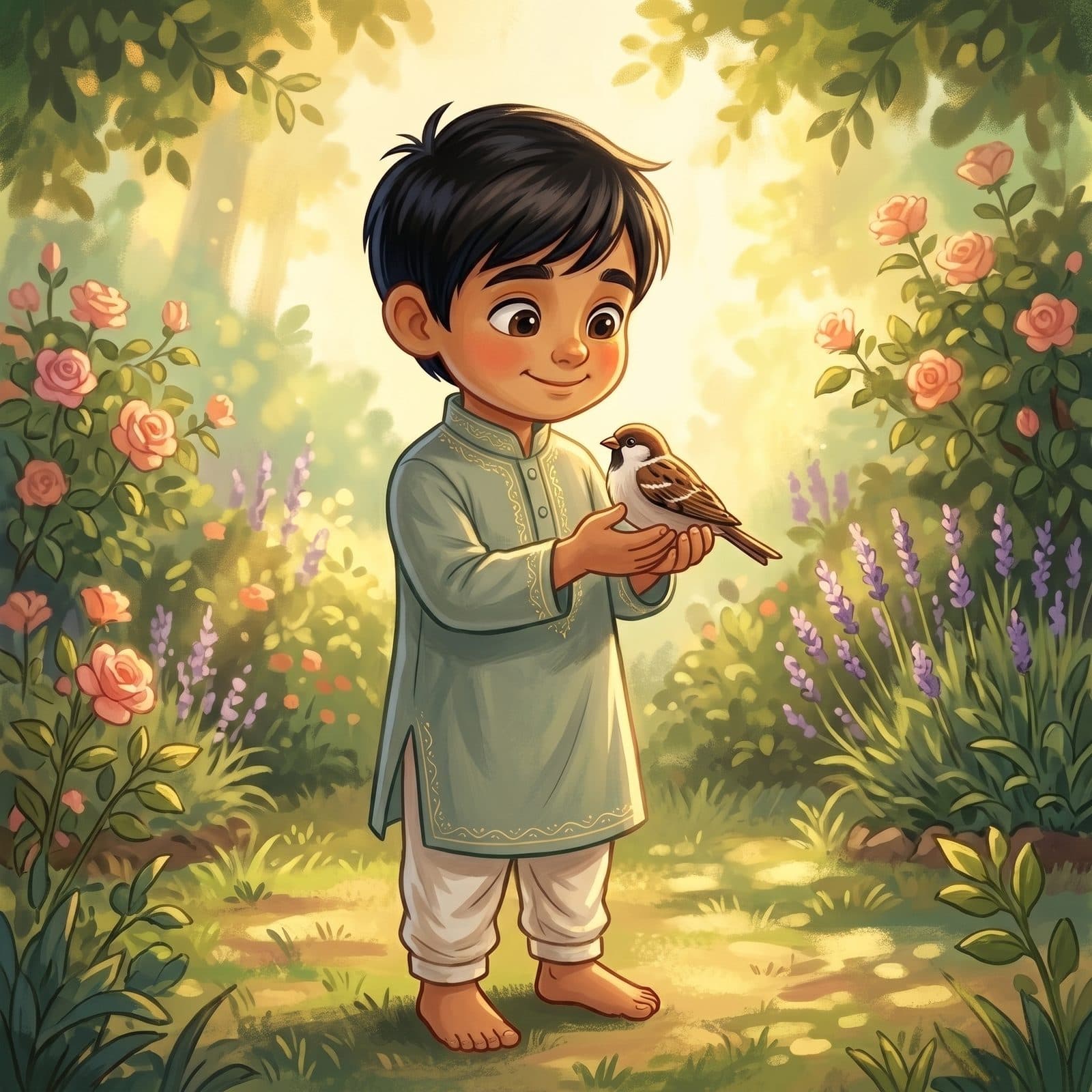 Yusuf, a cheerful boy in a sage-green kurta, gently cups a tiny baby sparrow in both hands in a sunlit garden.