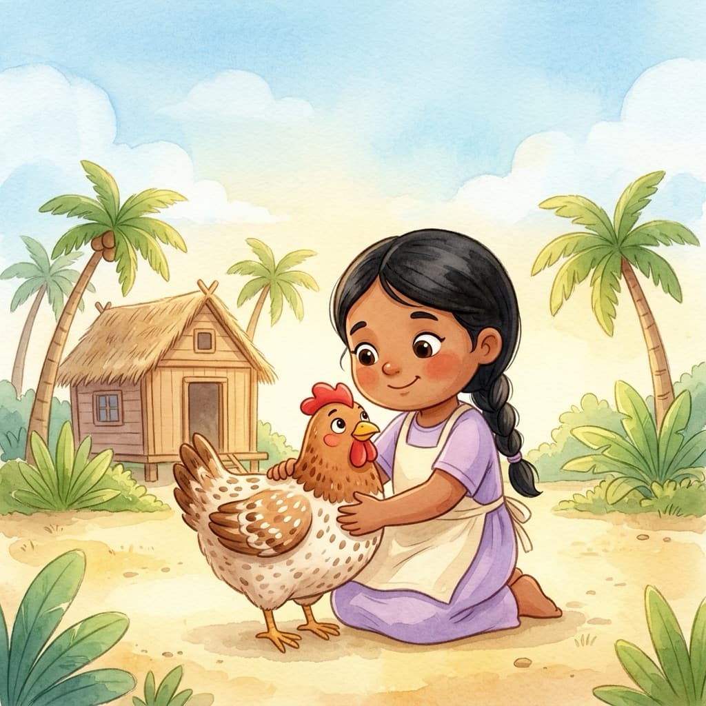 Zahra kneels on the warm sand of her island yard, cuddling her plump speckled hen, with a thatched wooden house and leaning coconut palms behind her.